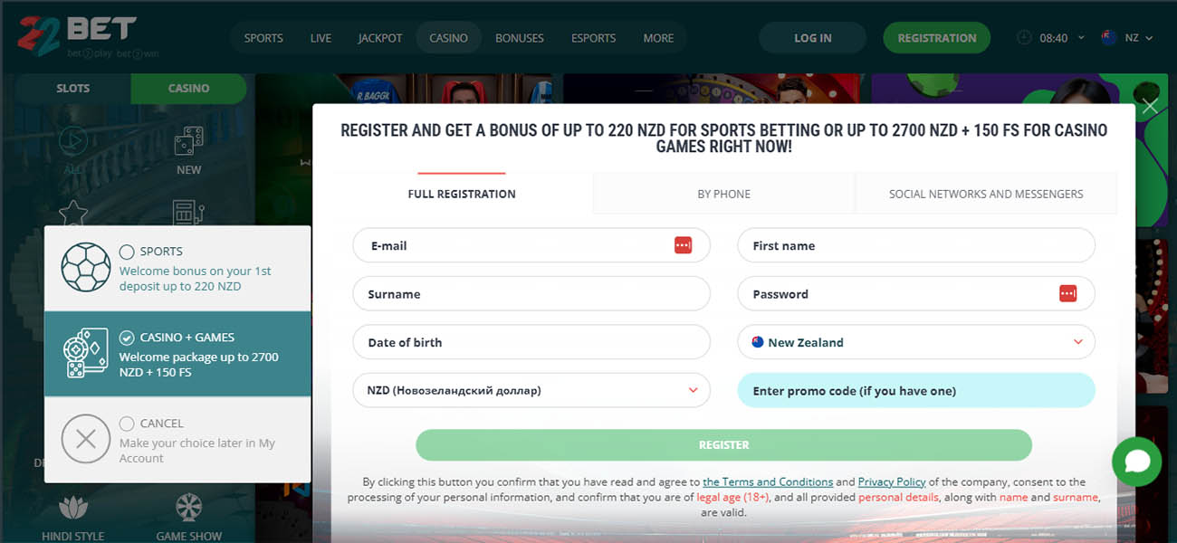 Homepage of 22Bet NZ