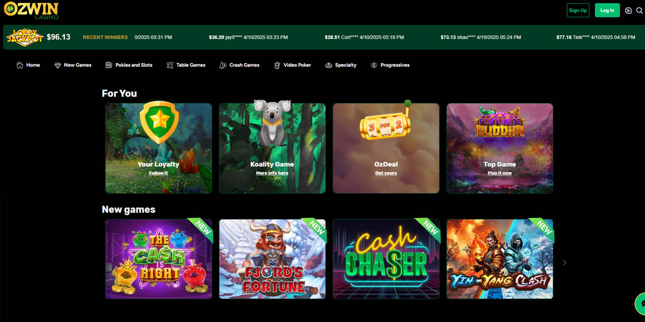 Homepage of Ozwin Casino for New Zealanders