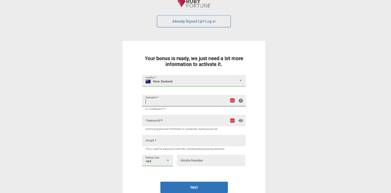 Ruby Fortune NZ account registration