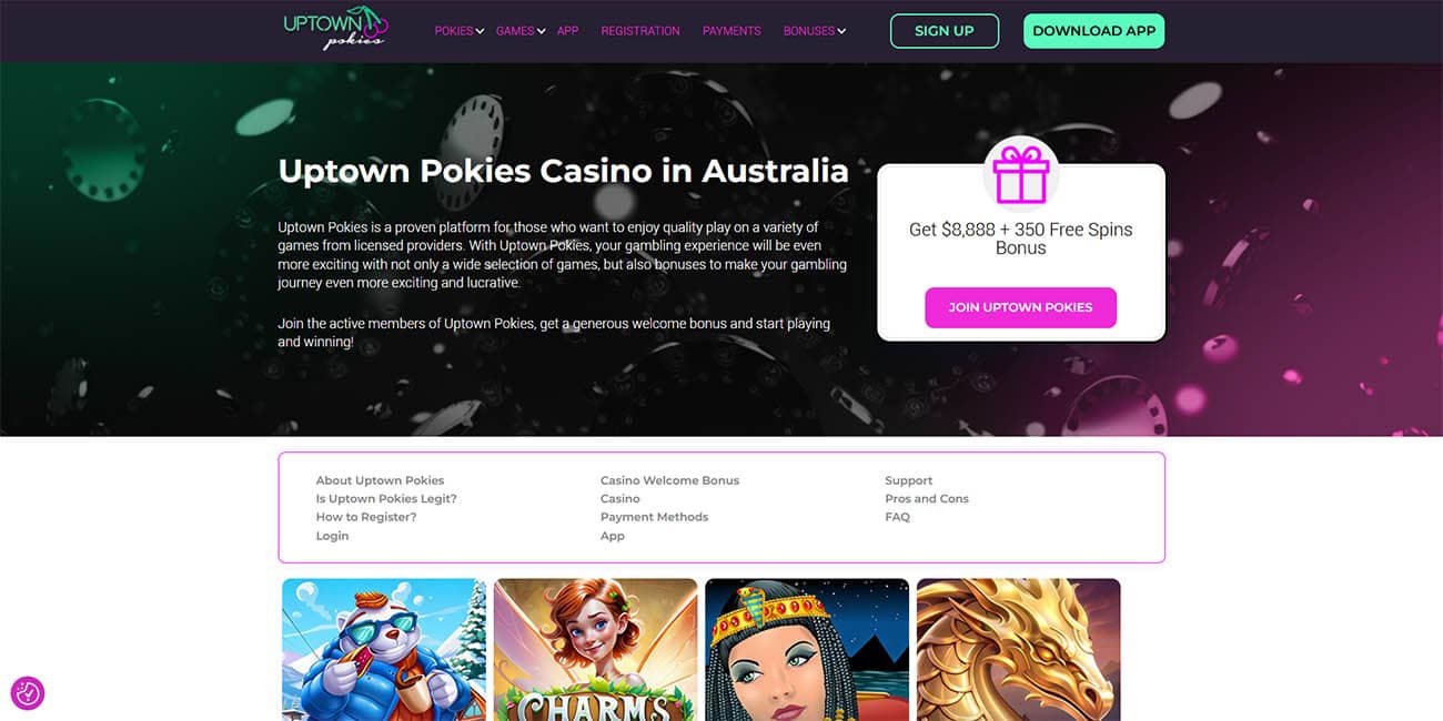 Homepage of Uptown Pokies Casino for New Zealanders